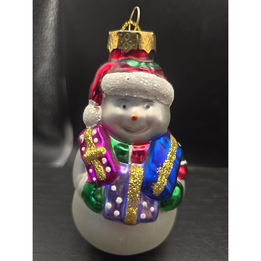 Vintage Lao Mai Christmas Holiday Ornaments Blown Glass Snowman Holding Present